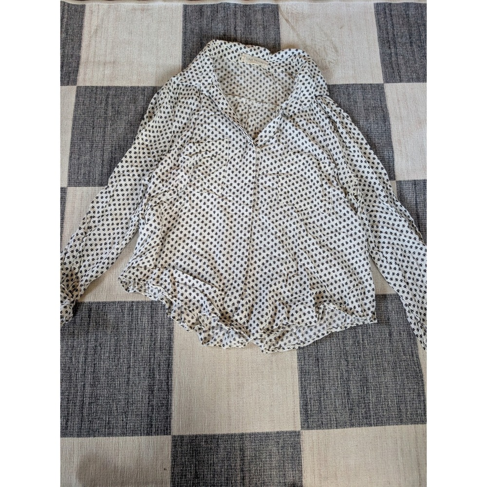 Luna Moon White Black Geometric Print Button Down Blouse Shirt Small Lace Detail